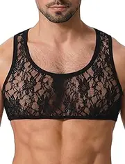 [ABAFIP] Men's Sissy Lace Muscle Tank Floral Crop Top Semi Transparent Sheer Mesh Vest Half Top Undershirt