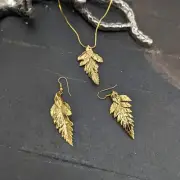Bespoke Gold Dipped Fern Tip Leaf Necklace & Earrings Set Outer Banks NC Coastal