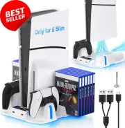 PS5 Slim Cooling Stand, Controller Charger, 3-Level Fan, 12 Game Storage, White