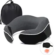 Amitofo Travel Pillow, Premium Memory Foam Neck Pillow, Pillows for Sleeping, Car and Airplane Travel Essentials, Travel Kit with 3D Contoured Eye Masks, Earplugs and Luxury Mesh Bag (3. Dark Grey)