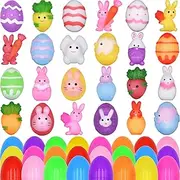 Howzcci 24 Pack Easter Mochi Squishy Toys Squishies Easter Toys with 24 PCS Plastic Easter Eggs for Kids Girls Boys Party Favors Easter Basket Stuffers Party Favors Candy Bags Gifts