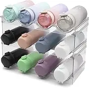 Clear Water Bottle Organiser, 3 Pack Plastic Rack for Cabinet, Stackable Wine and Cup Storage, Kitchen Countertop Fridge Organizer, Holds 12 Bottles