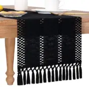 Boho Table Runner Macrame Farmhouse Woven Cotton Linen Rustic 13" x 48" Black