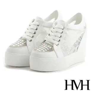 【HMH】時尚璀璨方晶美鑽性感蕾絲厚底內增高美腿休閒鞋(白)