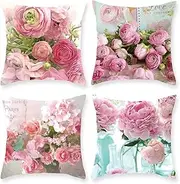 Vevins Floral Decorative Throw Pillow Cover 18 x 18 Inch, 4 Pack Flowers Cushion Cases Pillow Home Decor for Valentine¡¯s Day