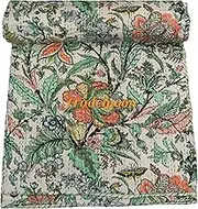 Indian Floral Kantha Quilt, Lime Green with Tropical Print, Traditional Indian Handmade Bedspread(Single 60" x 90")
