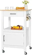 Giantex Small Kitchen Island Cart on Wheels, Rolling Kitchen Island w/Rubber Wood Top, Large Drawer, 3 Hooks, Open Shelf, Door Cabinet, Suitable for Kitchen & Dining Room, White