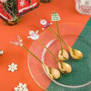不鏽鋼勺子 耶誕限定可愛甜品勺 咖啡攪拌勺 家用餐具 卡通水果叉子甜品叉勺咖啡勺攪拌勺 甜品勺子