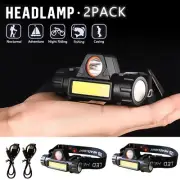 2PACK Headlamp COB LED IPX5 Waterproof Torch Work Light Bar Head Band USB US