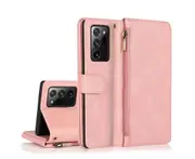 For Samsung Galaxy Note 20 Ultra Case, Leather Zipper Purse Flip Cover Case with Card Slot Holder Wrist Strap Lanyard (Pink)