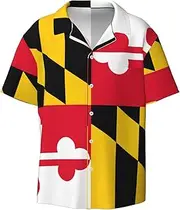 [VPPUR] Flag of Maryland Print Fashion Short Sleeve Button Down Cuban Collar Shirt Left Chest Convenient Pocket