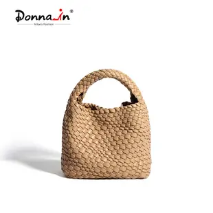Donnain 真皮編織手提包 SugaMondy 女士牛皮小水桶包頂部提手手工編織奢華時尚
