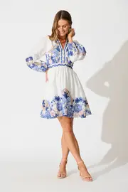 Women's Party Clarion Dress Full Length Sleeve in White Border Floral Linen Blend 8