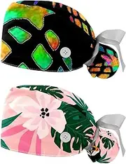 [WOSHJIUK] Working Hat 2 Pack Scrub Caps for Women,Pineapple Watercolor Fruit,Tie Back Cap Adjustable Scrub Hat