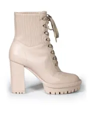 Beige Leather Combat Lace Up Boots