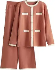 [HEYDHSDC] Women'S Round Neck Home Wear Sweater Sets Loose Long Pullovers+Elastic Wide Leg Pants Knitted Suits