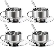 4-Pack Stainless Steel Coffee Cup Set, Stainless Steel Mug with Spoon and Saucer, Double Wall Coffee Cup for Coffee, Latte, Tea, Milk, Suitable for Office, Coffee Shop, Home