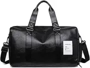 [Jahomieo] Leather Travel Duffel Bag, Weekender Overnight Bag Waterproof Leather Carry On Travel Bag With Shoe Compartment Tote Duffel Bag, Black