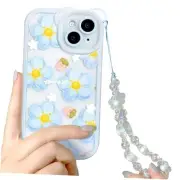 Compatible for iPhone 15 Case Clear Cute Flower Floral with Chain Blue Flower