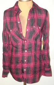 New Womens Designer True Religion S Plaid Top Logo Black Red NWT Long Snap Front
