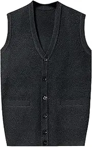 [SWJGLITTR] Mens Knit Button Cardigan Vest Wool Blend V-Neck Sleeveless Cardigans for Men Lightweight Tall Big Knit Vests, Black, Medium