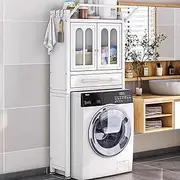 HOLGVE Over The Washing Machine Cabinet, Over The Toilet Storage Cabinet with Clothes Drying Rod, Metal Bathroom Storage Cabinet, Freestanding Space-Saving Organizer(White)