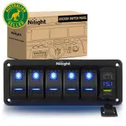 5 Gang Rocker Switch Panel Blue Backlit with PD Type C and USB Charger Voltmeter