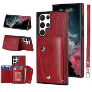 S22 Ultra Wallet Back Cover PU Leather Case With Card Holder Phone Case - Red