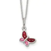 Sterling Silver Polished Pink, Red And White Enameled Butterfly Children'S Necklace