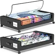 Beborxue Under Bed Storage with Wheels, 2-Pack Underbed Storage Containers with Clear Lids, XXL 60L Under the bed storage Organizer Bins, Rolling Under Bed Metal Drawer for Clothes,Shoes,Toys (Black)