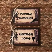 5 Handcrafted Wooden GATHER LOVE PRIM Ornaments, HangTags SET-1
