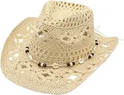 [Generic] Cowboy Hats for Women Classic Straw Cowgirl Beach Hat Music Festival Party Adult Sun Straw Western Cowboy Hats, D-beige, One Size, D-beige, One Size