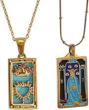 [DYFUHO] Tarot Card Necklace with Empress and High Priestess Paps, Double Necklace, Enamel Amulet Necklace, Tarot Necklace with Locket (Set of 2, 1 Buy, 1 Receive), One size, Agate