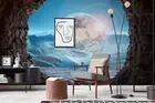 3D Cave Sea Planet Sun Landscape Self-adhesive Removeable Wallpaper Wall Mural