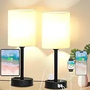Meafular AC Outlet Bedside Table Lamp with USB A+C Port, Touch Lamp for Bedroom with 3 Way Dimmable, Nightstand Lamp with Round Flaxen Fabric Shade for Living Room Desk Home Decor(2 Pack Black)