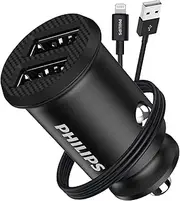 Philips Dual USB-A Port Mobile Phone Car Travel Charger w/ Lightning Cable Black