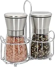 Premium Stainless Steel Salt and Pepper Grinder Set - Short Glass Shaker, Pepper Mill & Salt Mill with Adjustable Coarseness, Refillable for Himalayan or Sea Salt, Black Peppercorn, with Bonus Stand