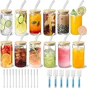 TFMOJHST 12Pcs Drinking Glasses with Bamboo Lids and Glass Straw-16 Oz Iced Coffee Glasses with Lids and Straws, Can Glass Cups Used for Juice/Beer/Milk/Soda/Boba etc. Include 18 Cleaning Brushes
