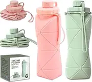 (2 Pack) RUNGOS Collapsible Water Bottle for Travel [Double Leak-proof Design] [Cap with Safety Rope] BPA Free Silicone Foldable Water Bottle for Outdoor Hiking Sports Lightweight, Couple (Green+Pink)