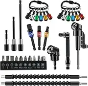 33Pcs 1/4 Inch Hex Shank Screwdriver Bit Holder, Flexible Drill Bit Extension Kit Metal Bit Holder Keychain with 105° Right Angle Drill Extension 1/4inch 3/8inch 1/2inch Socket Adapter