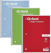 Oxford TOPS/ 1-Subject Notebooks, 8" x 10-1/2", Wide Rule, 70 Sheets, 3 Pack, Color Assortment May Vary (65029)
