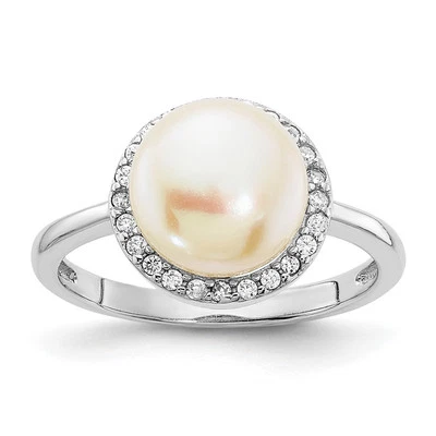 Sterling Silver 9-10mm Freshwater Cultured Pearl and Cubic Zirconia Ring Size 8