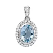 14k White Gold Oval Aquamarine Solitaire Diamond-accent Pendant 1/6 Cttw