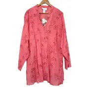 Susan Graver Plus Size 3X Pink Floral Long Sleeve Button Down Tunic NEW