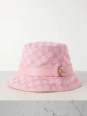 [Gucci] Gucci - Leather-trimmed Cotton-blend Canvas-jacquard Bucket Hat - Pink - XL XL Pink