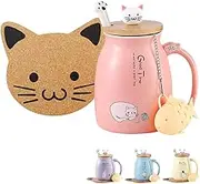 Cat Mug Cute Ceramic Coffee Cup with Lovely Kitty Wooden lid Stainless Steel Spoon,Novelty Morning Cup Tea Milk Christmas Mug 380ML (Pink)