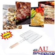 Barbecue Grilling Basket Grill BBQ Net Wooden Handle Meat Fish Vegetable Tool IW