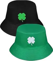 [Fairooth] 2 Pcs Bucket Hat for Women Men St. Patrick's Day Unisex Clover Sun Cap Irish Fisherman Hat Reversible Outdoor Hat for St. Patrick's Day Accessories, Black, Green, One Size