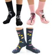 3 Pairs - V-Toe Split Toe Socks Big Toe Tabi Black Ninja, Pink Ninja and Sushi C