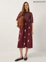 Monsoon Red Laurie Floral Print Smocked Midi Dress (W70541) | $196